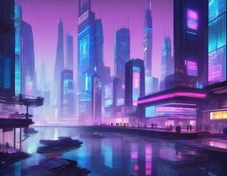 A detailed cyberpunk cityscape featuring towering glass buildings and floating platforms