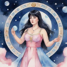 A dynamic watercolor animation of a plump tarot-reading girl with striking blue eyes, sleek black hair with bangs, and pink dress, mystically linked to the moon, surrounded by swirling tarot symbols