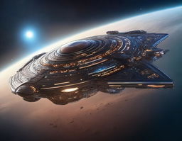 A 2 km long gigantic spaceship floating in the vastness of space, with intricate details and futuristic design