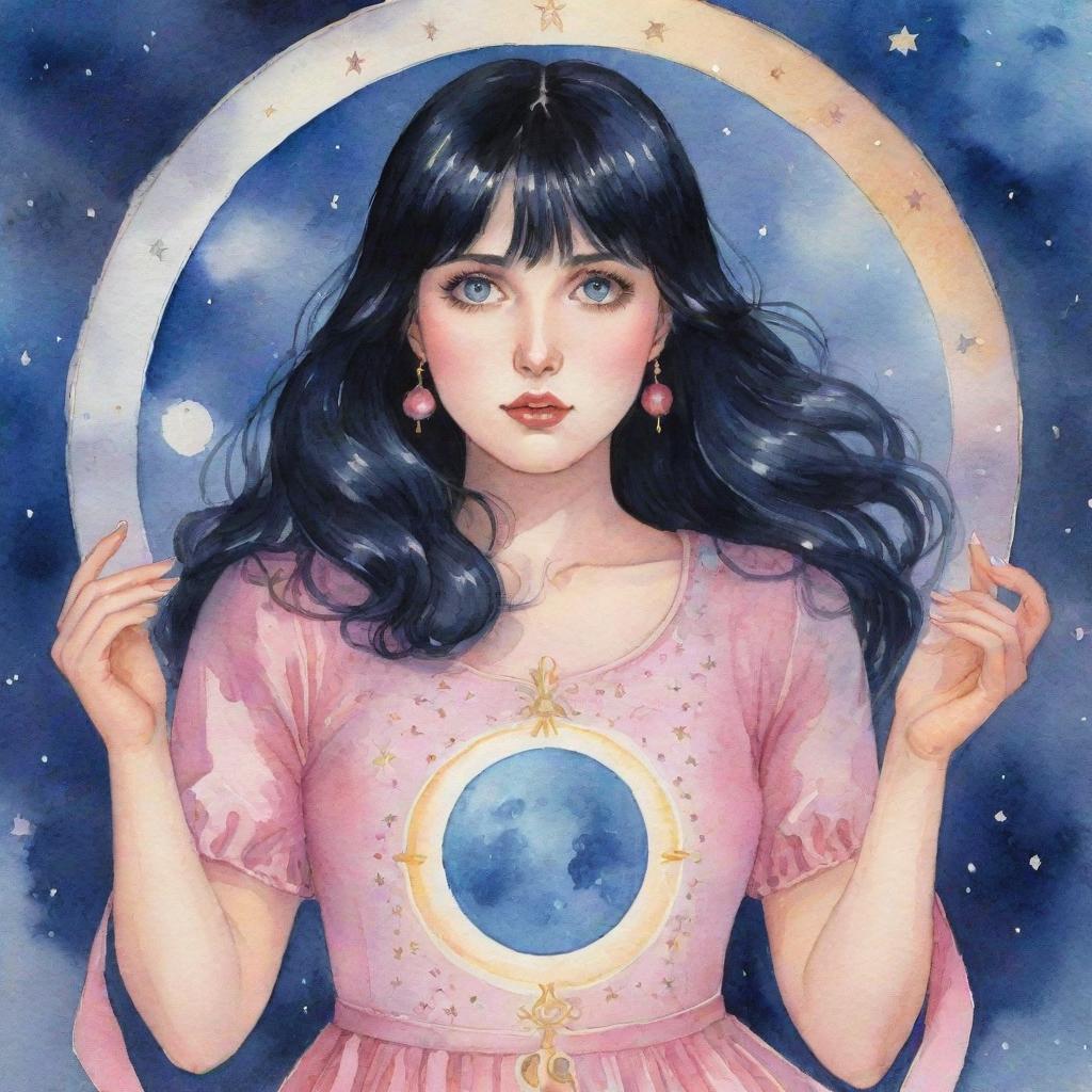 A spellbinding watercolor animation of a plump tarot-reading girl with captivating blue eyes and mid-length black hair with bangs, in a pink dress, mysteriously connected to the moon, amidst swirling tarot symbols