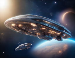 A 2 km long gigantic spaceship floating in the vastness of space, with intricate details and futuristic design