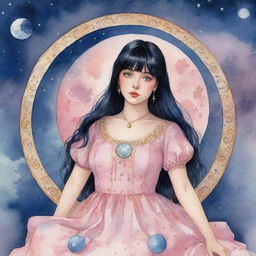 A spellbinding watercolor animation of a plump tarot-reading girl with captivating blue eyes and mid-length black hair with bangs, in a pink dress, mysteriously connected to the moon, amidst swirling tarot symbols