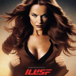 A movie poster for a thriller drama film featuring a close-up of a woman's bust as she opens her jacket with her hands, revealing a superhero costume underneath