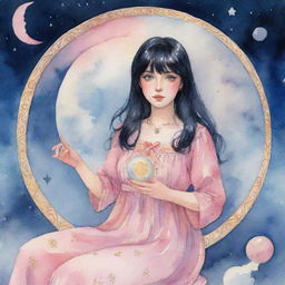 A spellbinding watercolor animation of a plump tarot-reading girl with captivating blue eyes and mid-length black hair with bangs, in a pink dress, mysteriously connected to the moon, amidst swirling tarot symbols