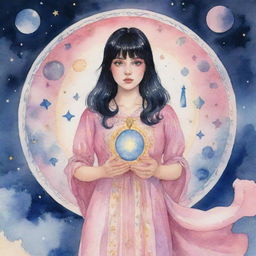 A spellbinding watercolor animation of a plump tarot-reading girl with captivating blue eyes and mid-length black hair with bangs, in a pink dress, mysteriously connected to the moon, amidst swirling tarot symbols