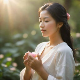 The true essence of beauty, captured in a serene and evocative image showcasing elements of nature, love, and inner peace illuminated by soft sunlight