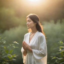 The true essence of beauty, captured in a serene and evocative image showcasing elements of nature, love, and inner peace illuminated by soft sunlight