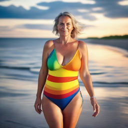 A German mature woman, 48 years old, with big hips and big breasts, wearing a stylish rainbow-colored swimsuit, walking around on the Baltic Sea beach during summer