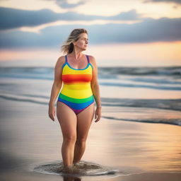 A German mature woman, 48 years old, with big hips and big breasts, wearing a stylish rainbow-colored swimsuit, walking around on the Baltic Sea beach during summer