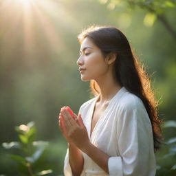 The true essence of beauty, captured in a serene and evocative image showcasing elements of nature, love, and inner peace illuminated by soft sunlight