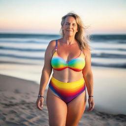 A German mature woman, 48 years old, with big hips and big breasts, wearing a stylish rainbow-colored swimsuit, walking around on the Baltic Sea beach during summer