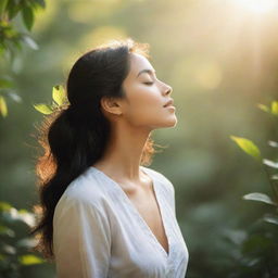 The true essence of beauty, captured in a serene and evocative image showcasing elements of nature, love, and inner peace illuminated by soft sunlight