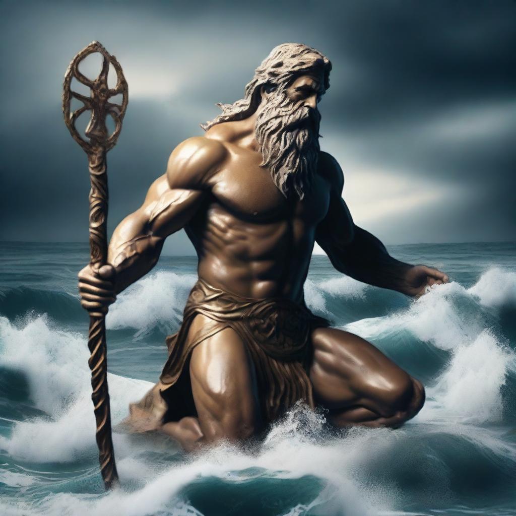 Poseidon, the Greek god of the sea, is depicted crying on his knees