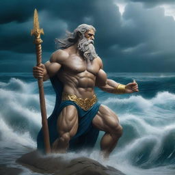 Poseidon, the Greek god of the sea, is depicted crying on his knees