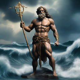 Poseidon, the Greek god of the sea, is depicted crying on his knees