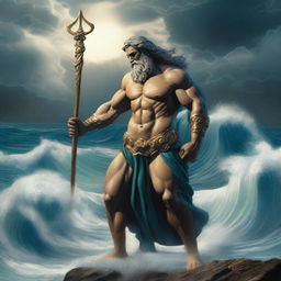 Poseidon, the Greek god of the sea, is depicted crying on his knees