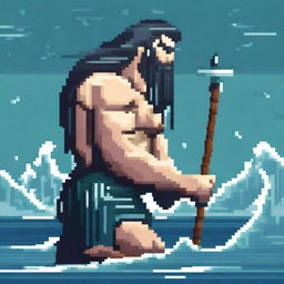 A pixel art depiction of Poseidon, the Greek god of the sea, crying while on his knees