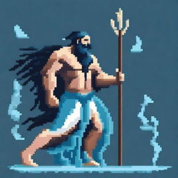 A pixel art depiction of Poseidon, the Greek god of the sea, crying while on his knees