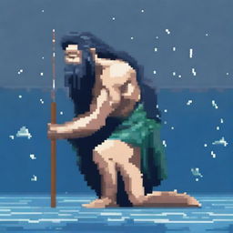 A pixel art depiction of Poseidon, the Greek god of the sea, crying while on his knees