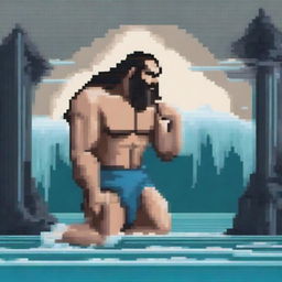 A pixel art depiction of Poseidon, the Greek god of the sea, crying while on his knees