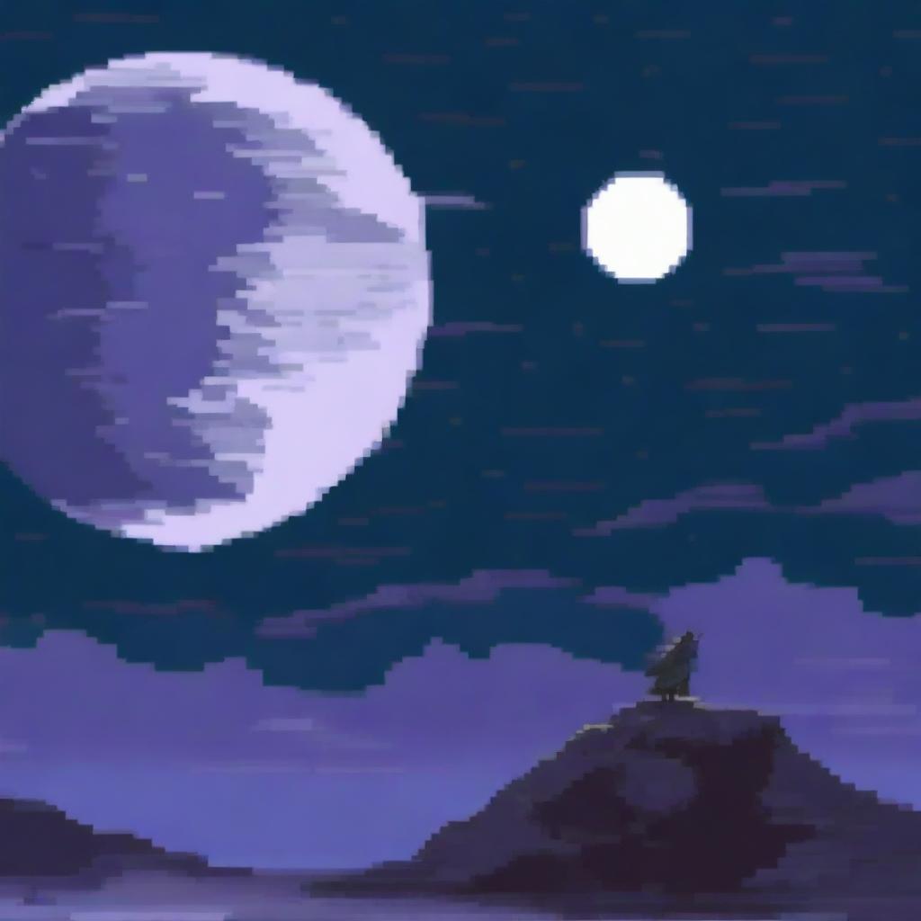 A man standing next to a full moon, depicted entirely in pixel art