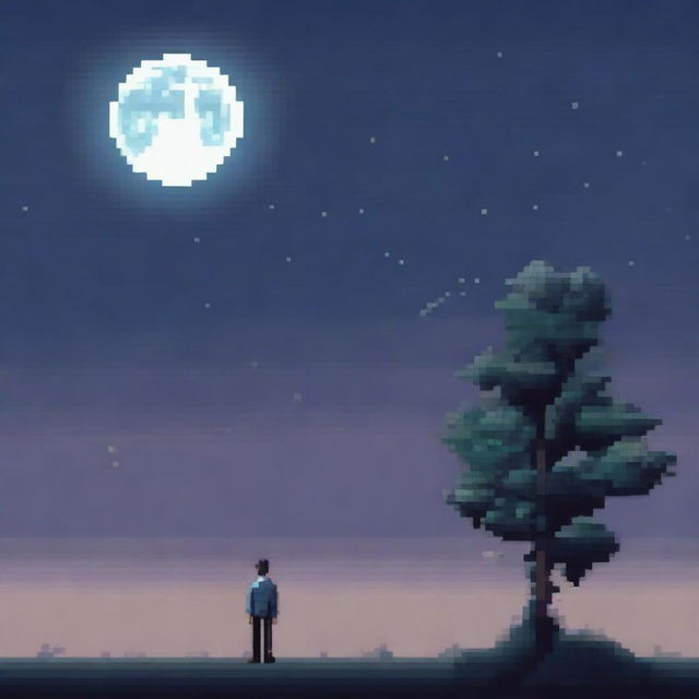 A man standing next to a full moon, depicted entirely in pixel art