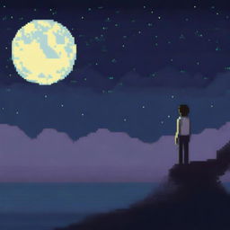 A man standing next to a full moon, depicted entirely in pixel art