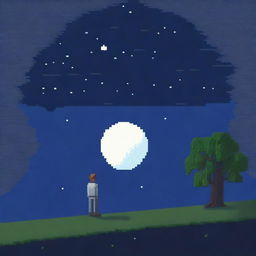 A man standing next to a full moon, depicted entirely in pixel art