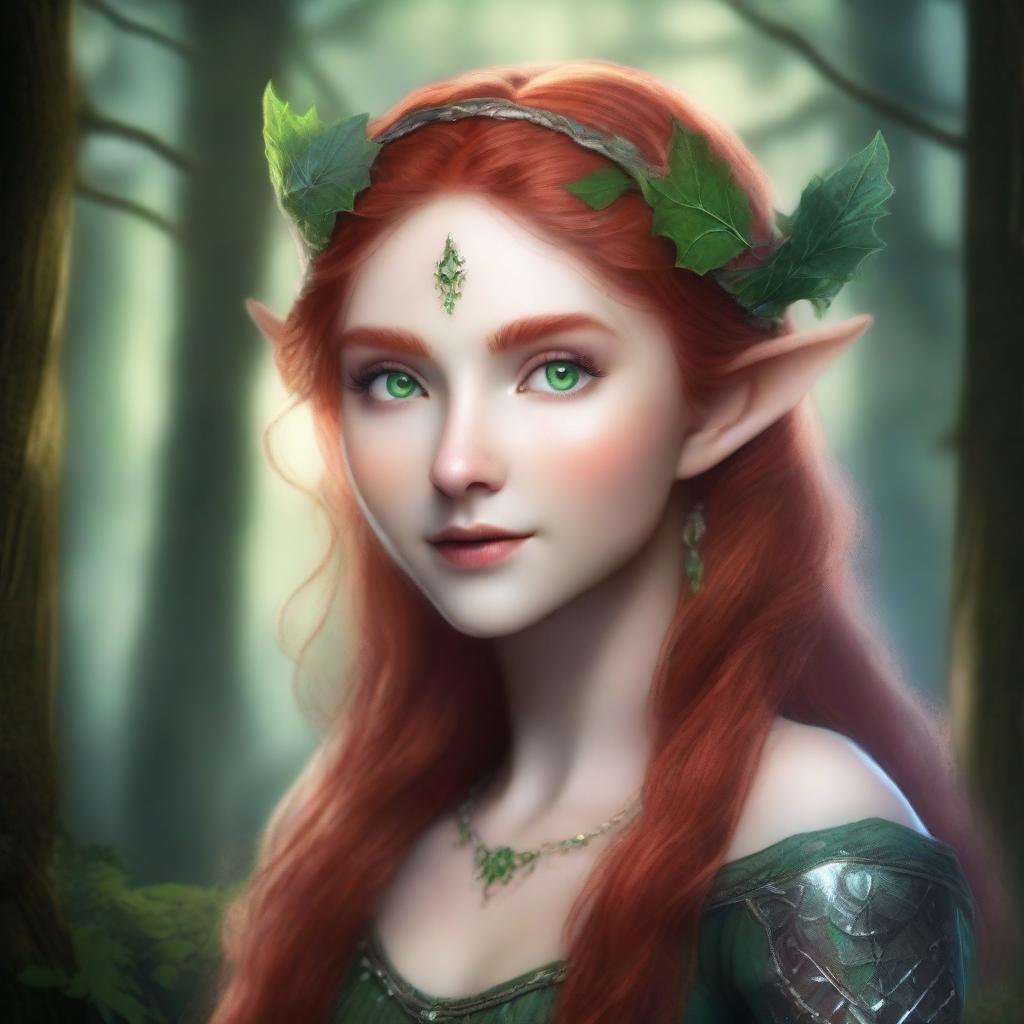 A striking elf with ashen skin, red hair, and green eyes