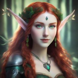 A striking elf with ashen skin, red hair, and green eyes