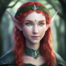 A striking elf with ashen skin, red hair, and green eyes