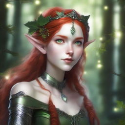 A striking elf with ashen skin, red hair, and green eyes