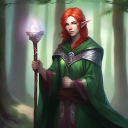 A cleric elf with striking red hair, green glowing eyes, and ashen dark skin