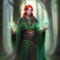 A cleric elf with striking red hair, green glowing eyes, and ashen dark skin