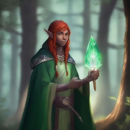 A cleric elf with striking red hair, green glowing eyes, and ashen dark skin