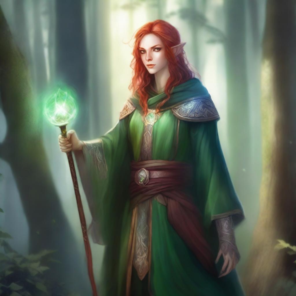 A cleric elf with striking red hair, green glowing eyes, and ashen dark skin