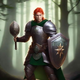 A fierce elf warrior dressed in heavy armor, holding a shield adorned with a holy symbol