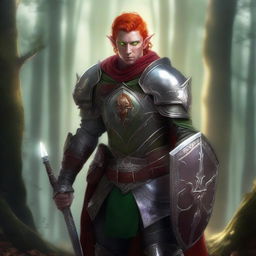 A fierce elf warrior dressed in heavy armor, holding a shield adorned with a holy symbol