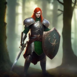 A fierce elf warrior dressed in heavy armor, holding a shield adorned with a holy symbol