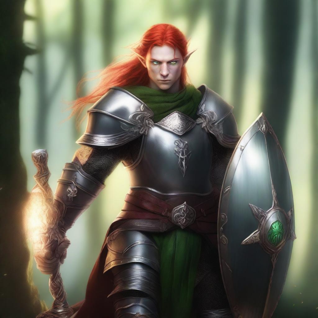 A fierce elf warrior dressed in heavy armor, holding a shield adorned with a holy symbol