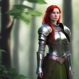 A female elf cleric with red hair and green eyes, dressed in heavy armor