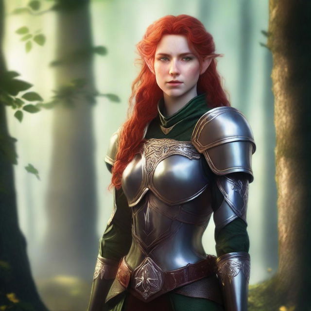 A female elf cleric with red hair and green eyes, dressed in heavy armor