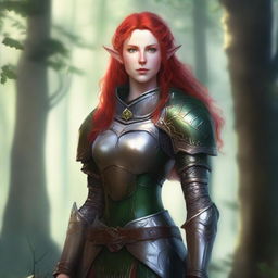 A female elf cleric with red hair and green eyes, dressed in heavy armor