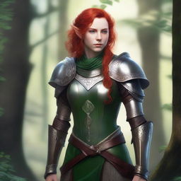 A female elf cleric with red hair and green eyes, dressed in heavy armor