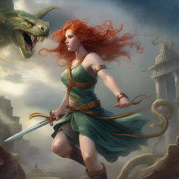 A dynamic scene featuring a ginger-haired girl in combat with a fearsome Medusa