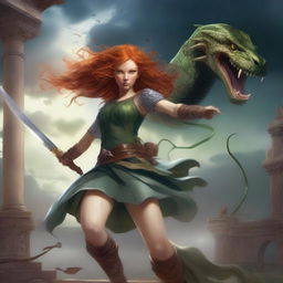 A dynamic scene featuring a ginger-haired girl in combat with a fearsome Medusa