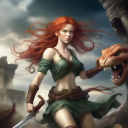 A dynamic scene featuring a ginger-haired girl in combat with a fearsome Medusa