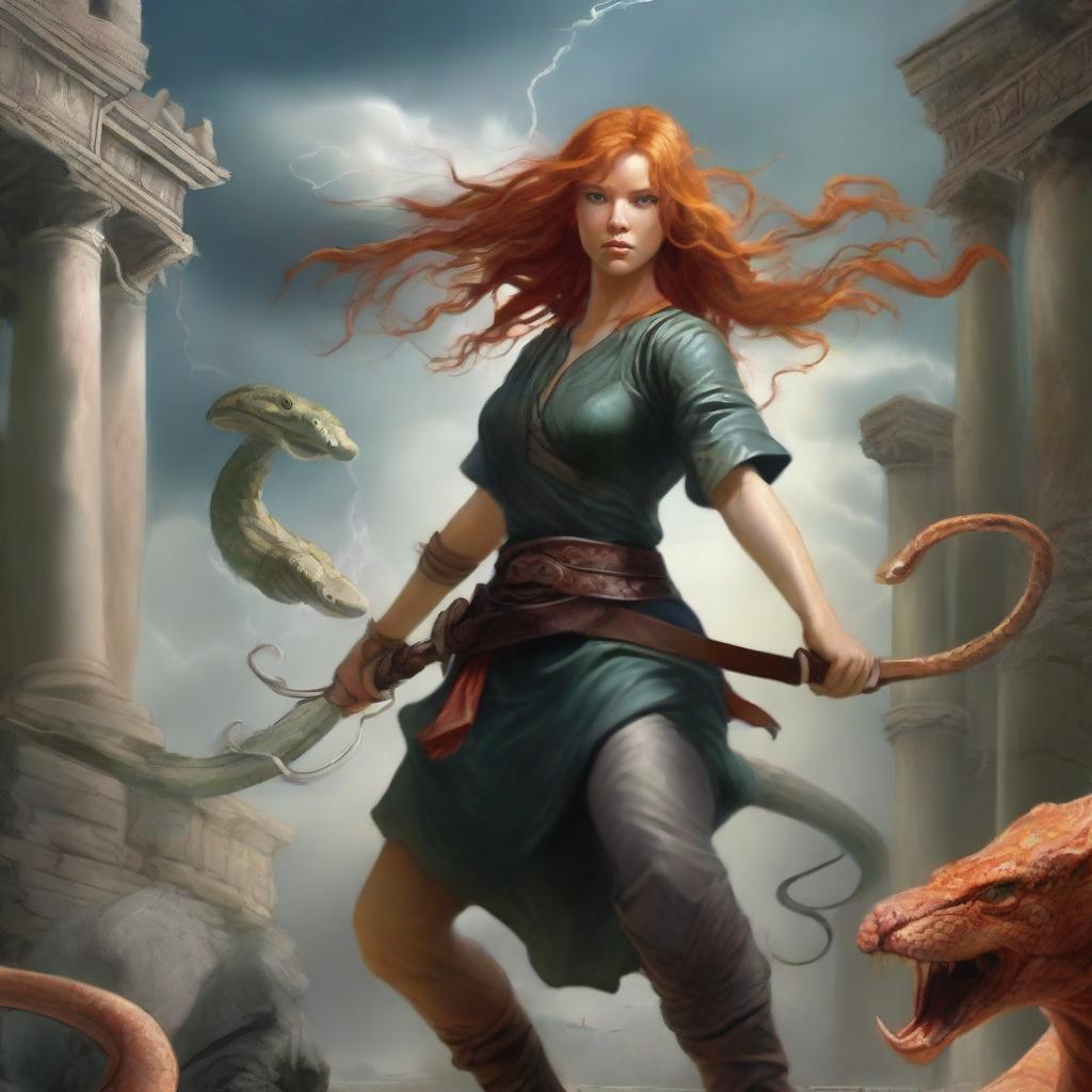 A dynamic scene featuring a ginger-haired girl in combat with a fearsome Medusa