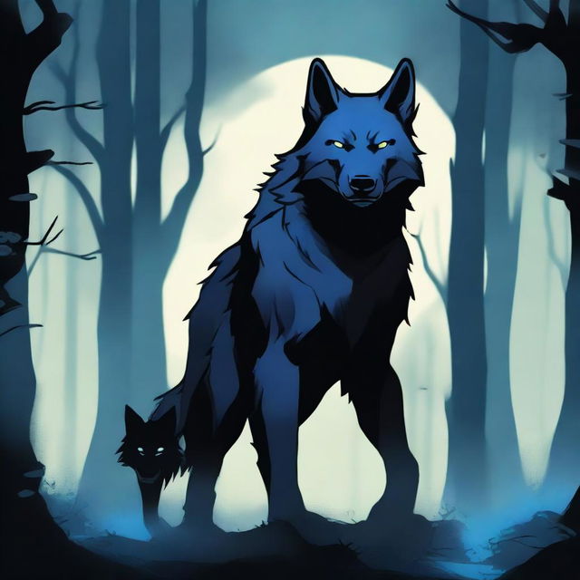 A blue and black demon wolf with blue demonic markings and lightning crackling around it, standing alongside its dark-haired human companion in his early twenties