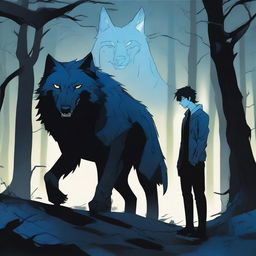 A blue and black demon wolf with blue demonic markings and lightning crackling around it, standing alongside its dark-haired human companion in his early twenties